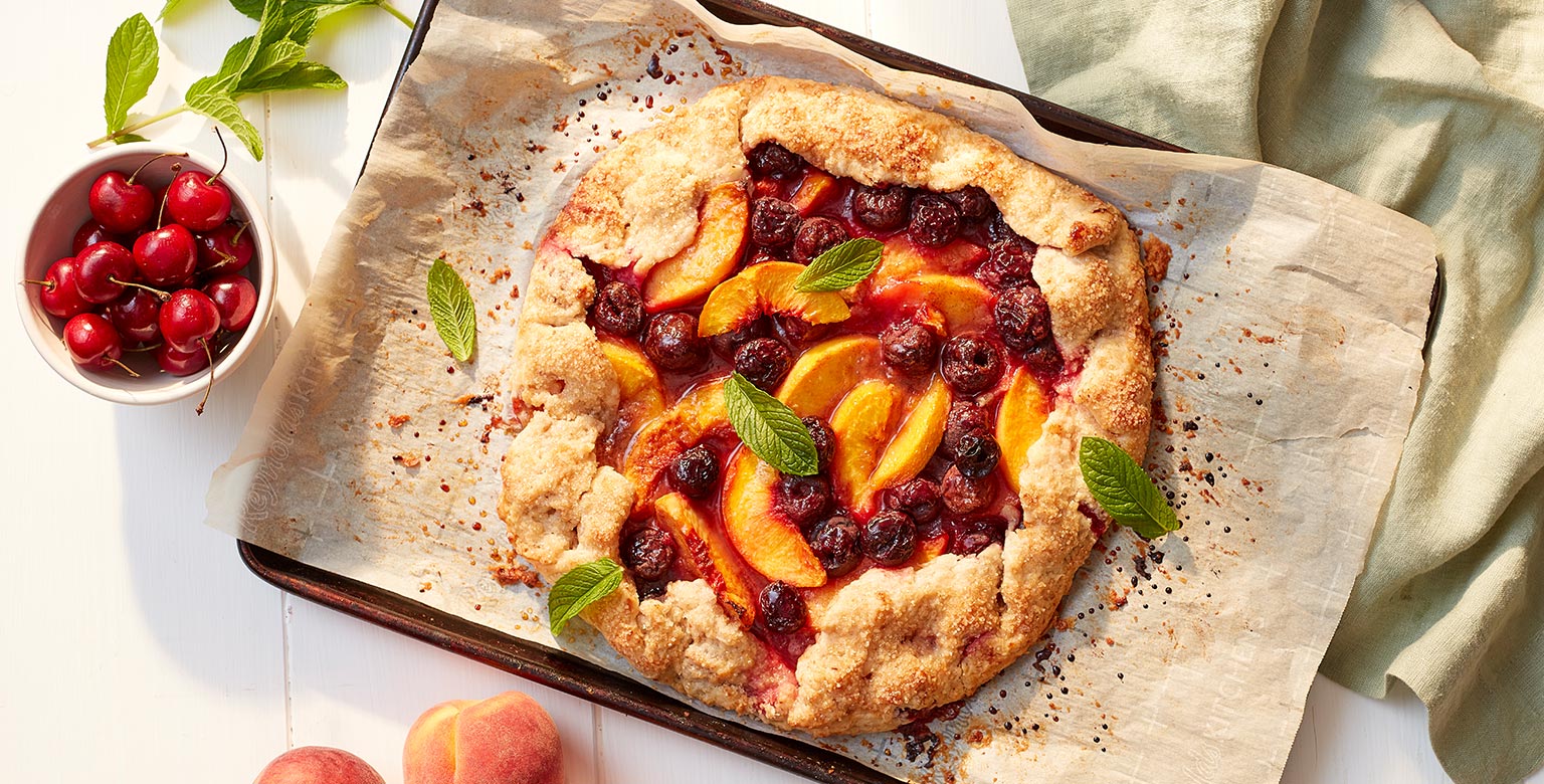 Grilled Peach, Cherry and Fresh Mint Galette